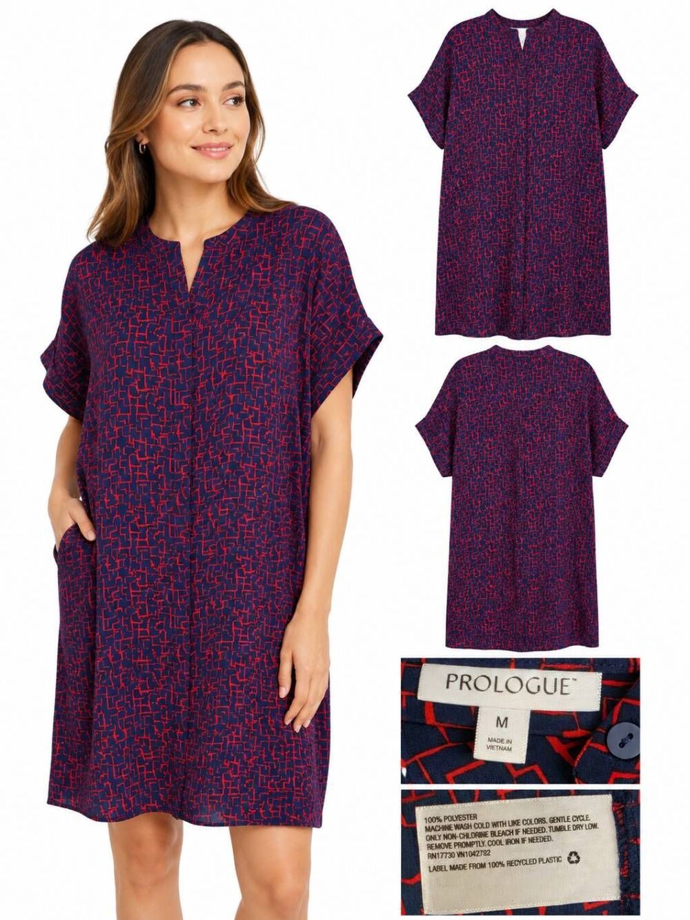 Prologue Navy Red Abstract Print Shirt Dress M